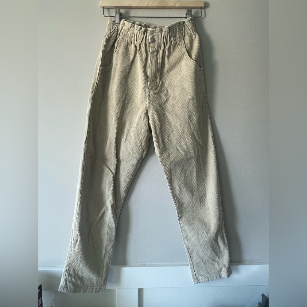 12th Tribe Beige Corduroy Pants – Elastic Waist, High Rise Straight Leg, Boho